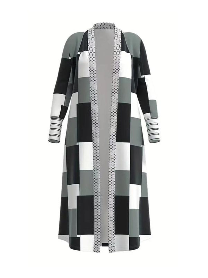 Women'S Geometric Print Drop Shoulder Coat, Fashion Open Front Long Coat, Women Clothing for Spring Fall